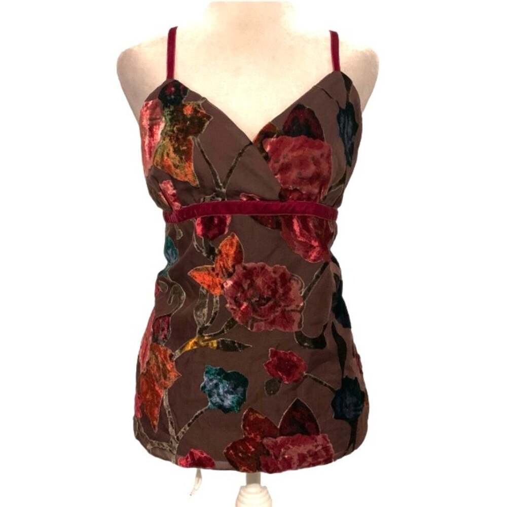 Y2K Mossimo Brown Floral Velour Tank Top V Neck Fairycore Whimsigoth